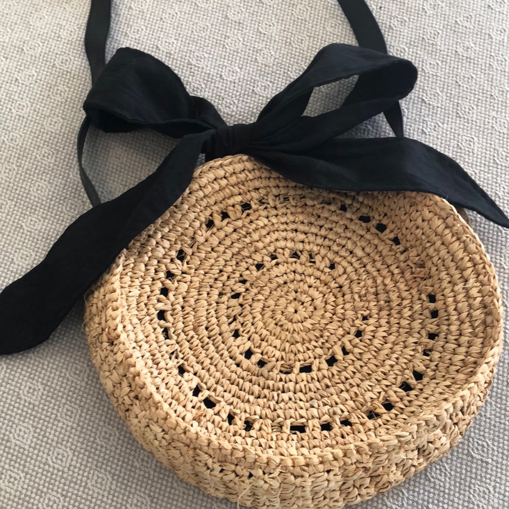 Straw Crossbody Bag with Black Ribbon